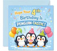 Playful 4th Birthday Card - Make Their Day Penguin-tastic - Three Cheerful Penguins with Balloons and Cupcake - 145mm Square, Envelope Included