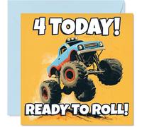 Playful 4th Birthday Card - Monster Truck Mayhem for a Big 4 - Bright Yellow, Blue and Red Action-packed Design - 145mm Square, Envelope Included