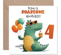 Playful 4th Birthday Card - Roaring Fun for the Big Day - Smiling Dinosaur with Balloons and Cupcake - Bursting with Birthday Cheer - 145mm Square, Envelope Included