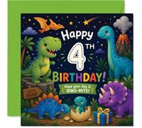 Playful 4th Birthday Card - Roaring Fun for Their Big Day - Colourful Dinosaurs Party Across a Bright Backdrop - 145mm Square, Envelope Included
