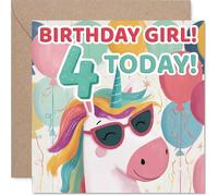 Playful 4th Birthday Card - Unicorn with Sunglasses Brings Birthday Sparkle - Colourful Balloons and Bold '4 Today' Design - 145mm Square, Envelope Included