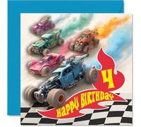 Playful 4th Birthday Card - Zooming into Their Big Day - Colourful Racing Cars on a Sandy Track - Bursting with Birthday Energy - 145mm Square, Envelope Included