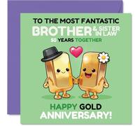 Playful 50th Anniversary Card for Brother & Sister in Law - Fifty Years of Sparkle - Cute Gold Bars Holding Hands Design - 145mm Square, Envelope Included