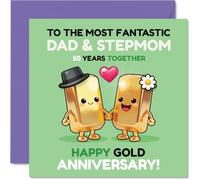 Playful 50th Anniversary Card for Stepmum & Dad - Playful Golden Bar Characters Celebrate 50 Years - Joyful Motif with Pops of Green and Pink - 145mm Square, Envelope Included