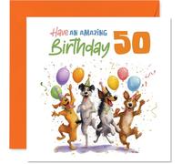 Playful 50th Birthday Card - Bursting with Birthday Cheer - Four Dogs with Balloons and Confetti Celebration - 145mm Square, Envelope Included