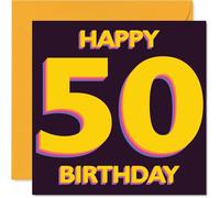 Playful 50th Birthday Card - Bursting with Birthday Cheer - Bold 5th Motif in Vibrant Yellow and Purple - Playful Typography Makes It Pop - 145mm Square, Envelope Included