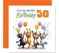 Playful 50th Birthday Card - Feline Fun for a Fabulous 50 - Cheeky Cats with Balloons and Confetti - Perfect for Cat Lovers Hitting This Milestone - 145mm Square, Envelope Included