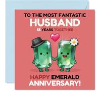 Playful 55th Anniversary Card for Husband - Celebrating 55 Sparkling Years - Cartoon Emerald Gemstones Holding Hands - 145mm Square, Envelope Included