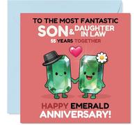 Playful 55th Anniversary Card for Son & Daughter in Law - Emerald Anniversary Giggles - Cartoon Gemstones Holding Hands in Pink and Green - 145mm Square, Envelope Included