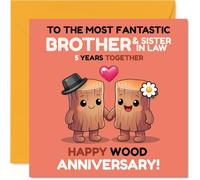 Playful 5th Anniversary Card for Brother & Sister in Law - Celebrating Five Years of Togetherness - Cute Wooden Couple Design with Pink Accents - 145mm Square, Envelope Included