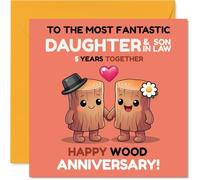 Playful 5th Anniversary Card for Daughter & Son in Law - Celebrating Five Years with a Smile - Adorable Wood-themed Characters Holding Hands - 145mm Square, Envelope Included