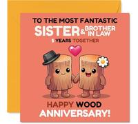Playful 5th Anniversary Card for Sister & Brother In Law - Celebrating Five Fab Years - Cute Wooden Couple Design with Pops of Pink and Yellow - 145mm Square, Envelope Included