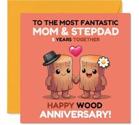 Playful 5th Anniversary Card for Stepdad & Mum - Light-hearted Logs Celebrate Five Years - Cartoon Wood Design with Pops of Pink and Yellow - 145mm Square, Envelope Included