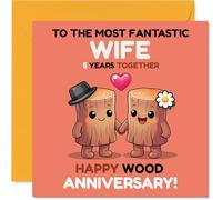 Playful 5th Anniversary Card for Wife - Celebrating Five Wood-erful Years - Cute Wooden Characters Holding Hands in a Playful Scene - 145mm Square, Envelope Included