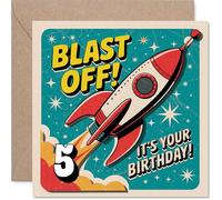 Playful 5th Birthday Card - Blast off to Five - Colourful Rocket and Space Design with Bold Red and Blue - 145mm Square, Envelope Included