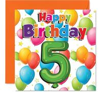 Playful 5th Birthday Card - Bring on the Birthday Fun - Colourful Balloons and Stars Design - Bursting with Cheerful Energy - 145mm Square, Envelope Included