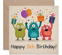 Playful 5th Birthday Card - Bursting with Monster Mischief - Colourful Cartoon Creatures with Balloons and Gifts - 145mm Square, Envelope Included