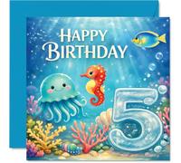 Playful 5th Birthday Card - Dive into Birthday Fun - Colourful Underwater Scene with Smiling Jellyfish and Seahorse - 145mm Square, Envelope Included