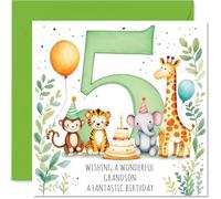 Playful 5th Birthday Card for Grandson - Bursting with Birthday Fun - Colourful Animals, Cake and Balloons Design - 145mm Square, Envelope Included
