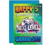 Playful 5th Birthday Card for Grandson - Level Up the Big Day - Bold Gaming Controller Design in Vibrant Colours - Perfect for Little Gamers - A5, Envelope Included