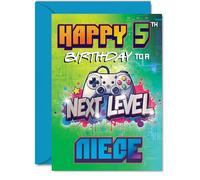 Playful 5th Birthday Card for Niece - Level Up the Birthday Fun - Bright Gaming Controller Design with Bold Celebration Colours - A5, Envelope Included