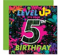 Playful 5th Birthday Card - Game on for Turning Five - Neon Gaming Controller Design with Bold Pink and Green - 145mm Square, Envelope Included