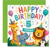 Playful 5th Birthday Card - Let's Celebrate in Style - Festive Party Animals with Balloons, Cake and a Bold '5' Banner - 145mm Square, Envelope Included