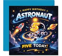 Playful 5th Birthday Card - Out-of-this-world Adventure - Astronaut and Rocket Zooming Through Vibrant Space - 145mm Square, Envelope Included