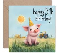 Playful 5th Birthday Card - Piggy Party Fun - Cheerful Pig in a Party Hat on a Sunny Farm - Bright, Pastel Colours Bring the Celebration to Life - 145mm Square, Envelope Included