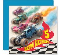 Playful 5th Birthday Card - Rev Up the Fun - Colourful Racing Cars Zooming Through Sandy Tracks - Bursting with Energy for a Lively Celebration - 145mm Square, Envelope Included