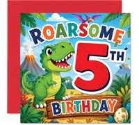 Playful 5th Birthday Card - Roar with Laughter - Colourful Cartoon T-rex and Volcano Scene for a Dino-mad 5th Birthday - Bursting with Jungle Fun - 145mm Square, Envelope Included