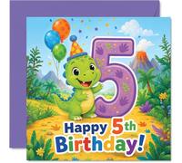 Playful 5th Birthday Card - Roarsome Dinosaur Fun - Cartoon Dino with Balloons and Party Hat in a Jungle Scene - 145mm Square, Envelope Included