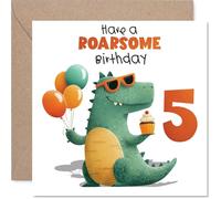 Playful 5th Birthday Card - Roarsome Fun Awaits - Green Dinosaur with Balloons and Cupcake Illustration - Bursting with Birthday Cheer - 145mm Square, Envelope Included