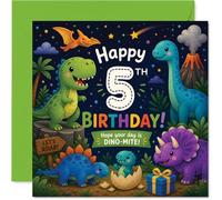 Playful 5th Birthday Card - Roarsome Fun for Turning Five - Colourful Dinosaur Party Scene with Dino-mite Birthday Wishes - 145mm Square, Envelope Included