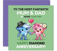 Playful 60th Anniversary Card for Mum & Dad - Sparkling Sixty Years Together - Cartoon Diamonds Holding Hands on a Colourful, Cheerful Backdrop - 145mm Square, Envelope Included