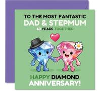 Playful 60th Anniversary Card for Stepmum & Dad - Cheers to 60 Dazzling Years - Cute Diamond Duo Motif in Lively Pastel Shades - 145mm Square, Envelope Included