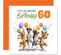 Playful 60th Birthday Card - Party-loving Pups Bring the Fun - Four Dogs Celebrating with Balloons and Confetti - 145mm Square, Envelope Included