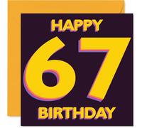 Playful 67th Birthday Card - Bold and Bright Way to Turn 67 - Vibrant Yellow Numbers on Rich Purple - 145mm Square, Envelope Included