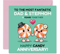 Playful 6th Anniversary Card for Stepmum & Dad - Celebrating Six Years with a Sugar Rush - Cute Candy Characters in Bold Colours - 145mm Square, Envelope Included
