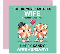 Playful 6th Anniversary Card for Wife - Candy-coated Giggles - Cute Peppermint Cartoon Design Pops with Vibrant Pinks and Greens - 145mm Square, Envelope Included