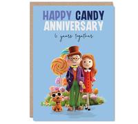 Playful 6th Anniversary Card - Six Years of Sweet Times - Colourful Candy Celebration with a Quirky Couple and Their Dog - A5, Envelope Included