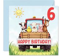 Playful 6th Birthday Card - All Aboard for Birthday Fun - Cartoon Animals Riding a Bright Red Tractor - Bursting with Cheerful Colour and Joy - 145mm Square, Envelope Included