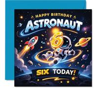 Playful 6th Birthday Card - Blast off into Birthday Fun - Cheerful Astronaut and Vibrant Space Design - Perfect for Celebrating a Stellar Sixth - 145mm Square, Envelope Included