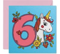 Playful 6th Birthday Card - Bursting with Birthday Cheer - Cartoon Unicorn with a Big Pink 6 and Colourful Flowers - 145mm Square, Envelope Included