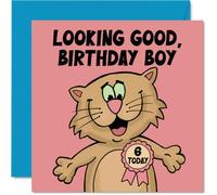 Playful 6th Birthday Card - Bursting with Birthday Cheer - Cartoon Cat Proudly Sporting a '6' Rosette on a Lively Pink Background - 145mm Square, Envelope Included