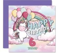 Playful 6th Birthday Card - Bursting with Birthday Magic - Unicorn with Colourful Balloons and a Rainbow - Sprinkles of Pastel Joy for Her Big Day - 145mm Square, Envelope Included