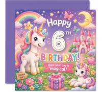 Playful 6th Birthday Card - Bursting with Birthday Magic - Whimsical Unicorn and Castle Scene with Pastel Rainbows - 145mm Square, Envelope Included