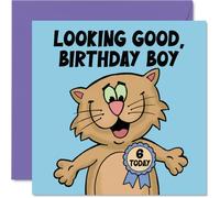 Playful 6th Birthday Card - Cat-tastic Birthday Fun - Cartoon Cat with '6 Today' Rosette on Cheerful Blue - 145mm Square, Envelope Included