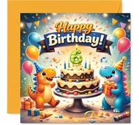 Playful 6th Birthday Card - Dino Party Fun - Colourful Dinosaurs with Cake and Balloons - Bursting with Birthday Cheer - 145mm Square, Envelope Included