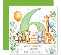 Playful 6th Birthday Card for Grandson - Bursting with Birthday Cheer - Playful Animals, Bright Balloons and a Big Cake Scene - 145mm Square, Envelope Included
